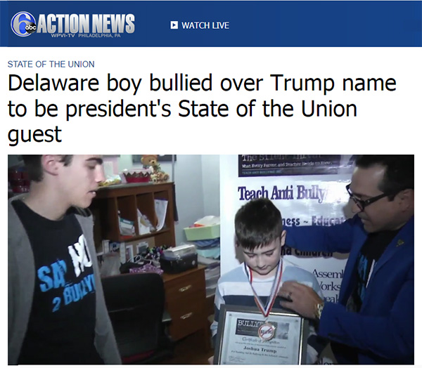 Delaware boy bullied over Trump name to be president's State of the Union guest